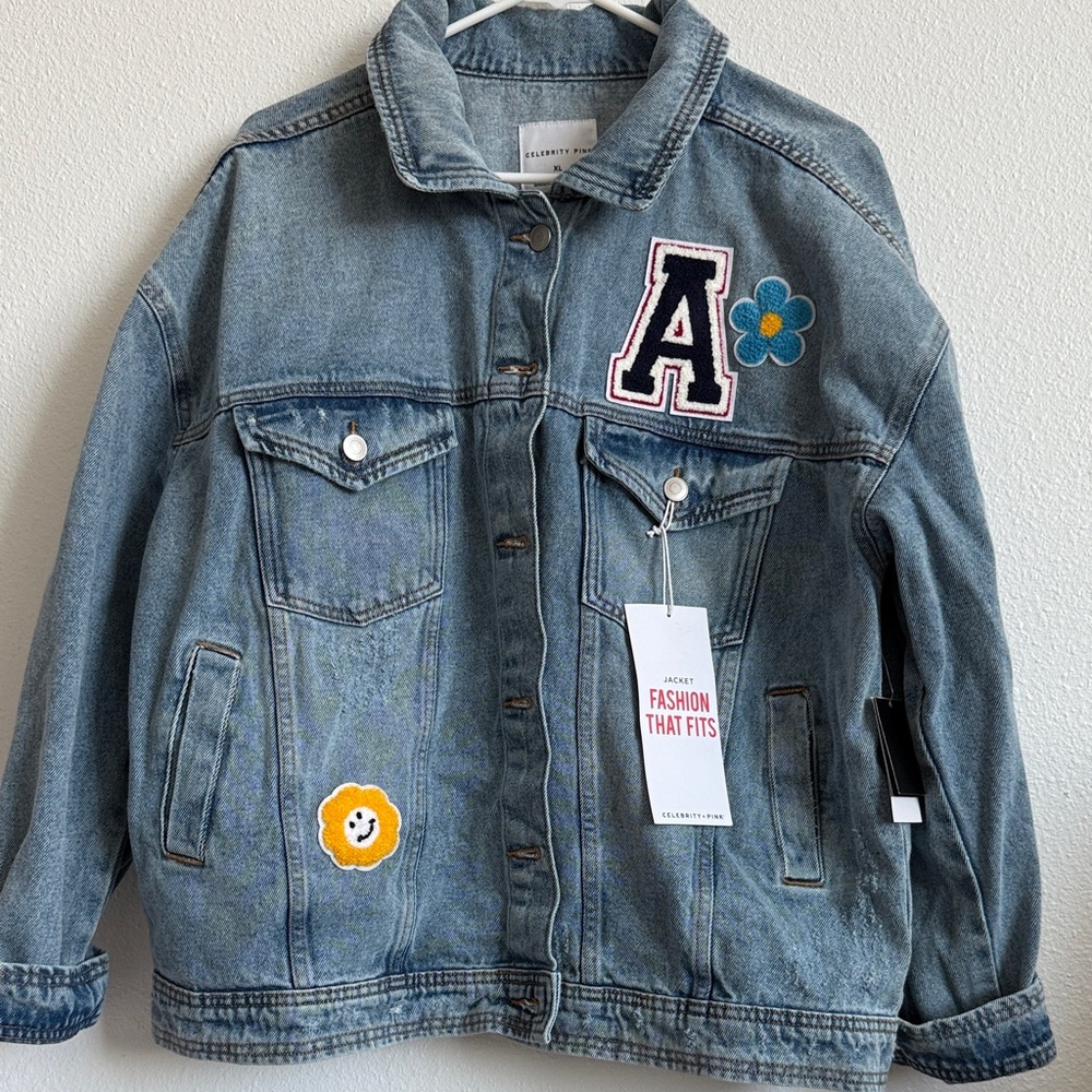 Celebrity Pink Womans Blue Denim Jacket with Fun Patches